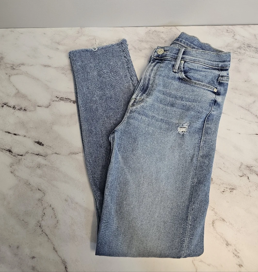 MOTHER The Mid Rise Dazzler Ankle Fray Straight Leg Light Blue Jeans 27 Preowned